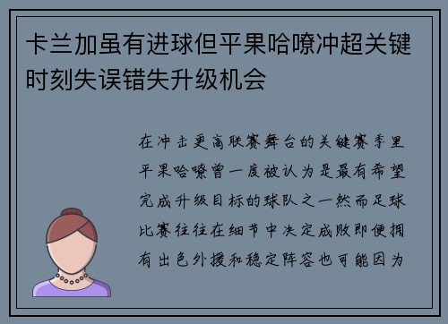 卡兰加虽有进球但平果哈嘹冲超关键时刻失误错失升级机会