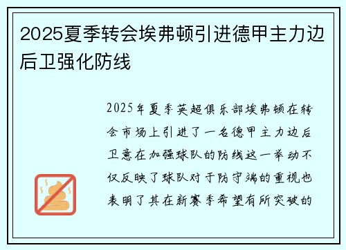 2025夏季转会埃弗顿引进德甲主力边后卫强化防线