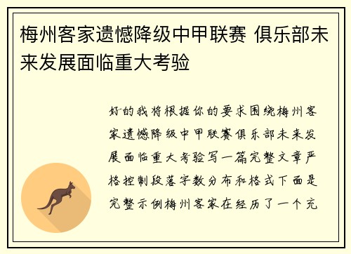 梅州客家遗憾降级中甲联赛 俱乐部未来发展面临重大考验
